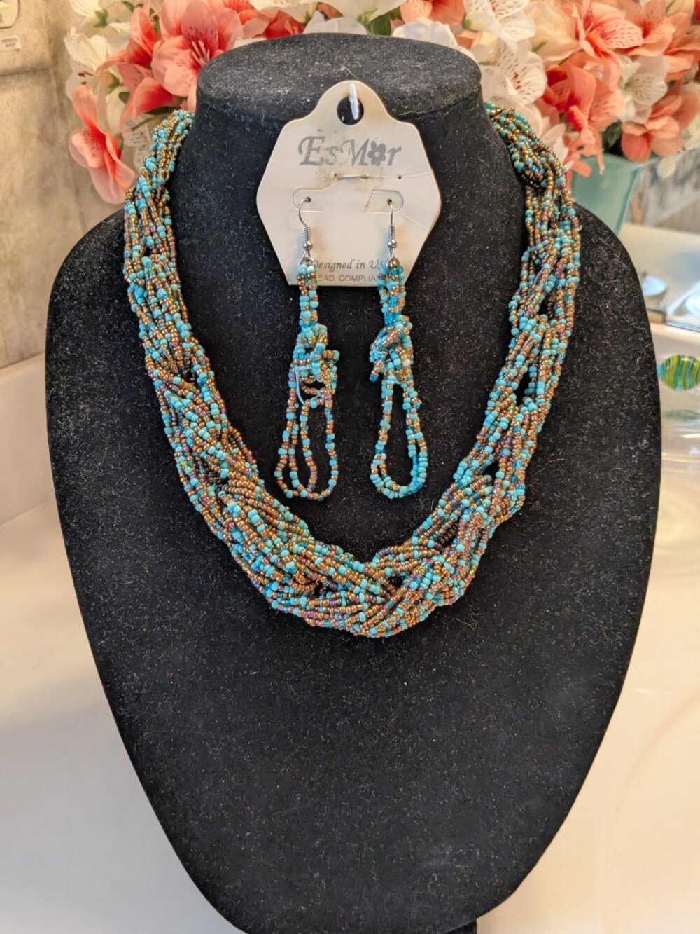 Vintage Multi Strand Necklace Set Blue and Bronze Bead